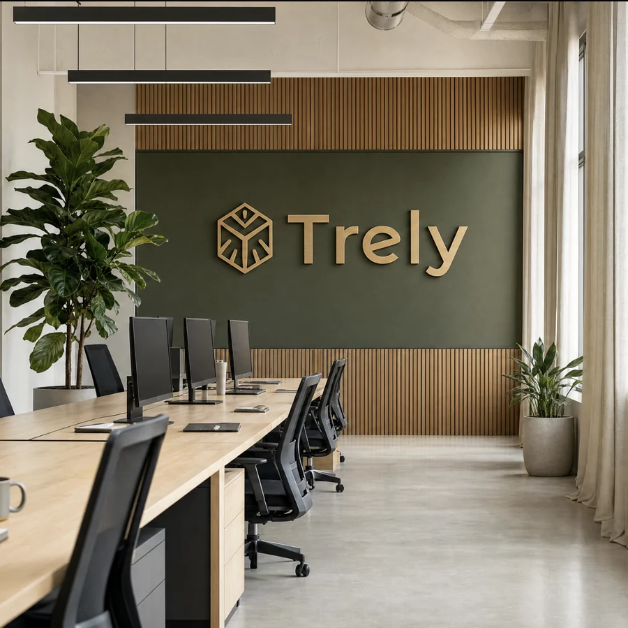 Офис Trely: логотип на тёмно-зелёной стене, рабочие места и растения
